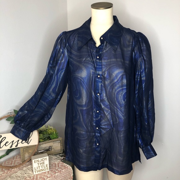 GS Disco Watercolor Sheer Cuffed Sleeves Blouse M - Picture 6 of 8